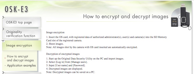 Screenshot of the official webpage of the Canon encryption system