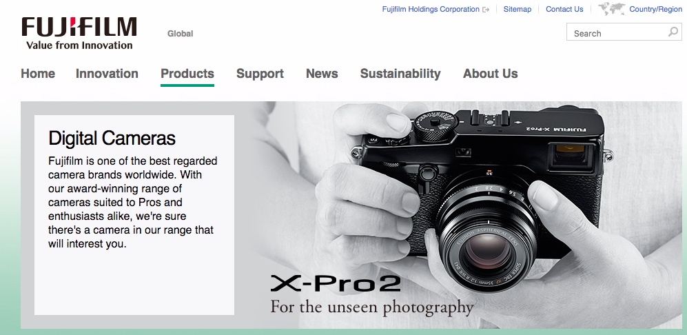 screenshot of the Official Fujifilm website